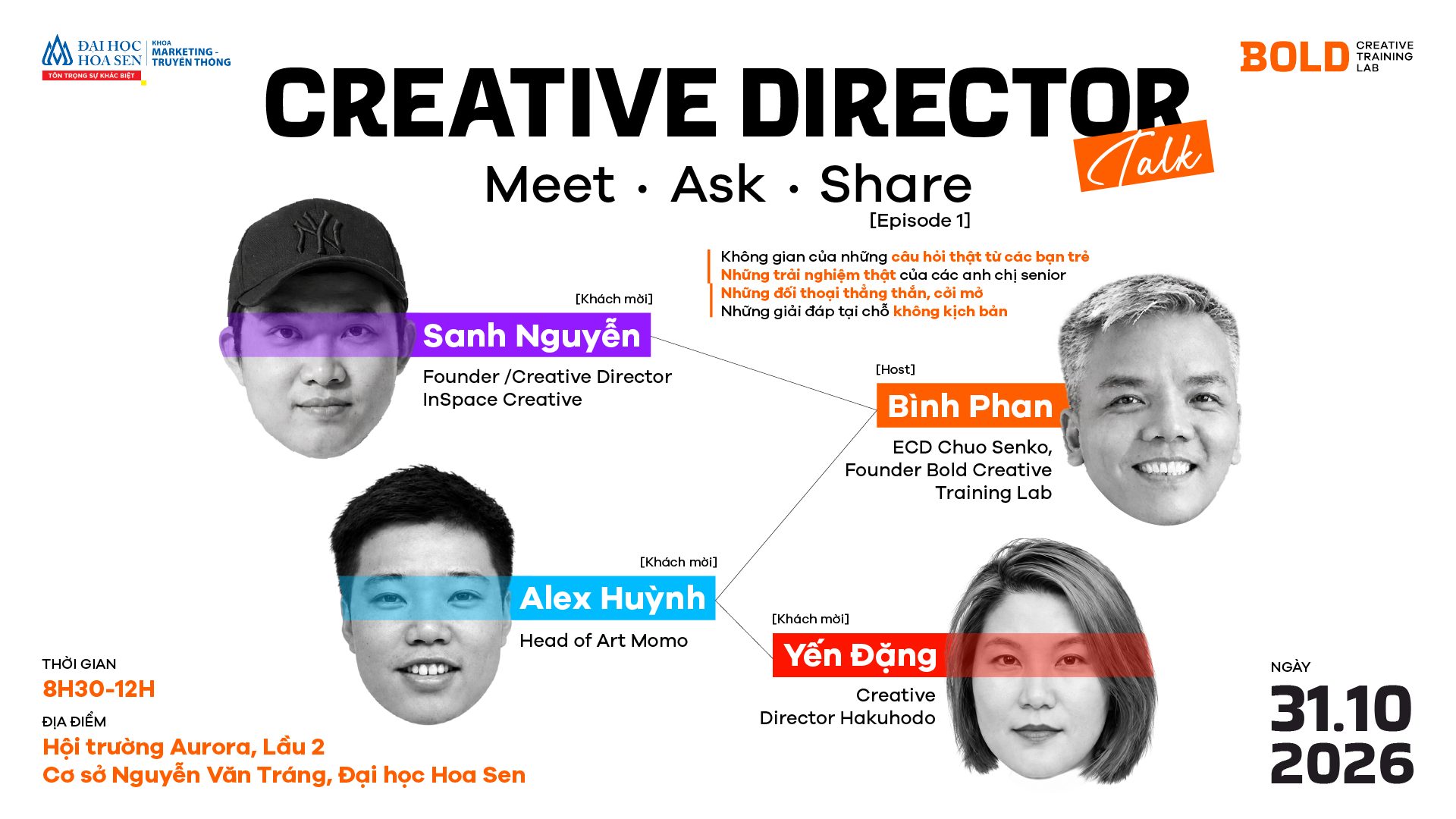 Khoa MK-TT phối hợp cùng BOLD Creative Training Lab tổ chức buổi Talk show với chủ đề “Creative Director Talk Meet – Ask – Share”