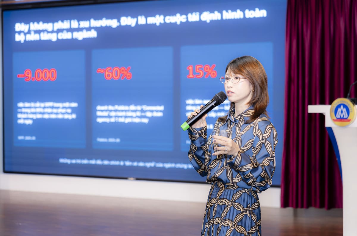 Bà Bùi Nguyễn Kim Thanh - Giám đốc Điều hành Havas Group Vietnam, đại diện Ban Lãnh đạo Hội Marketing Việt Nam đã chỉ ra những thay đổi của ngành Creative/Agency khi AI đang tái định hình cách làm việc, đặt trọng tâm vào tư duy, phán đoán, hiểu con người, tư duy kinh doanh và khả năng tạo giá trị khác biệt.