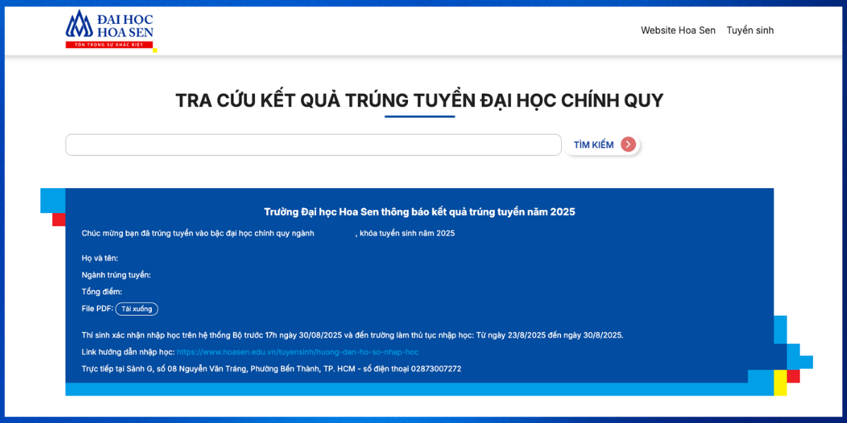 Tra cứu kết quả trúng tuyển ĐH Hoa Sen