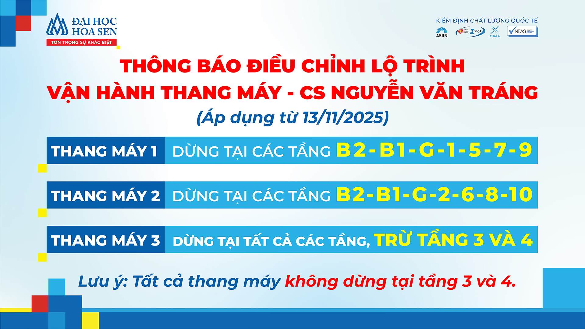 Thông báo điều chỉnh lộ trình vận hành thang máy tại Trụ sở Nguyễn Văn Tráng
