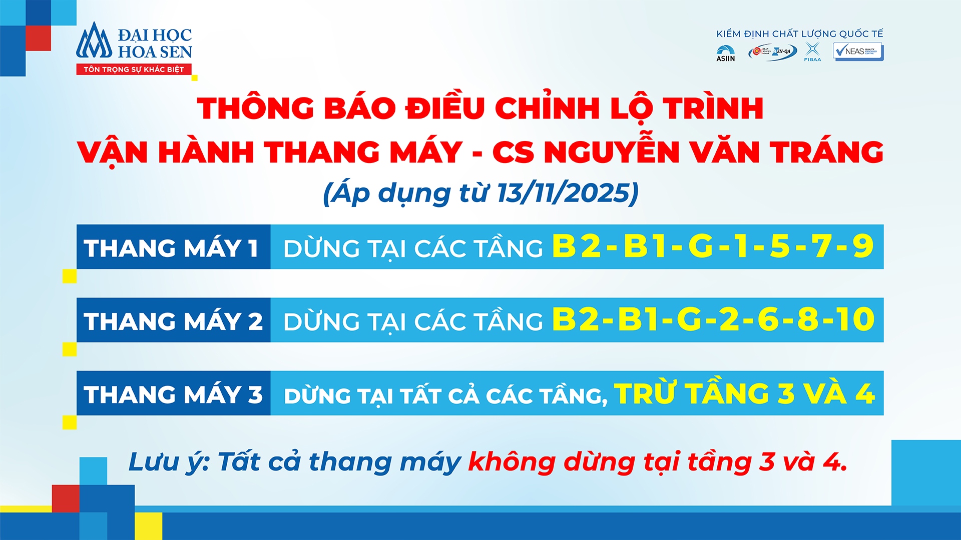 Thông báo điều chỉnh lộ trình vận hành thang máy tại Trụ sở Nguyễn Văn Tráng