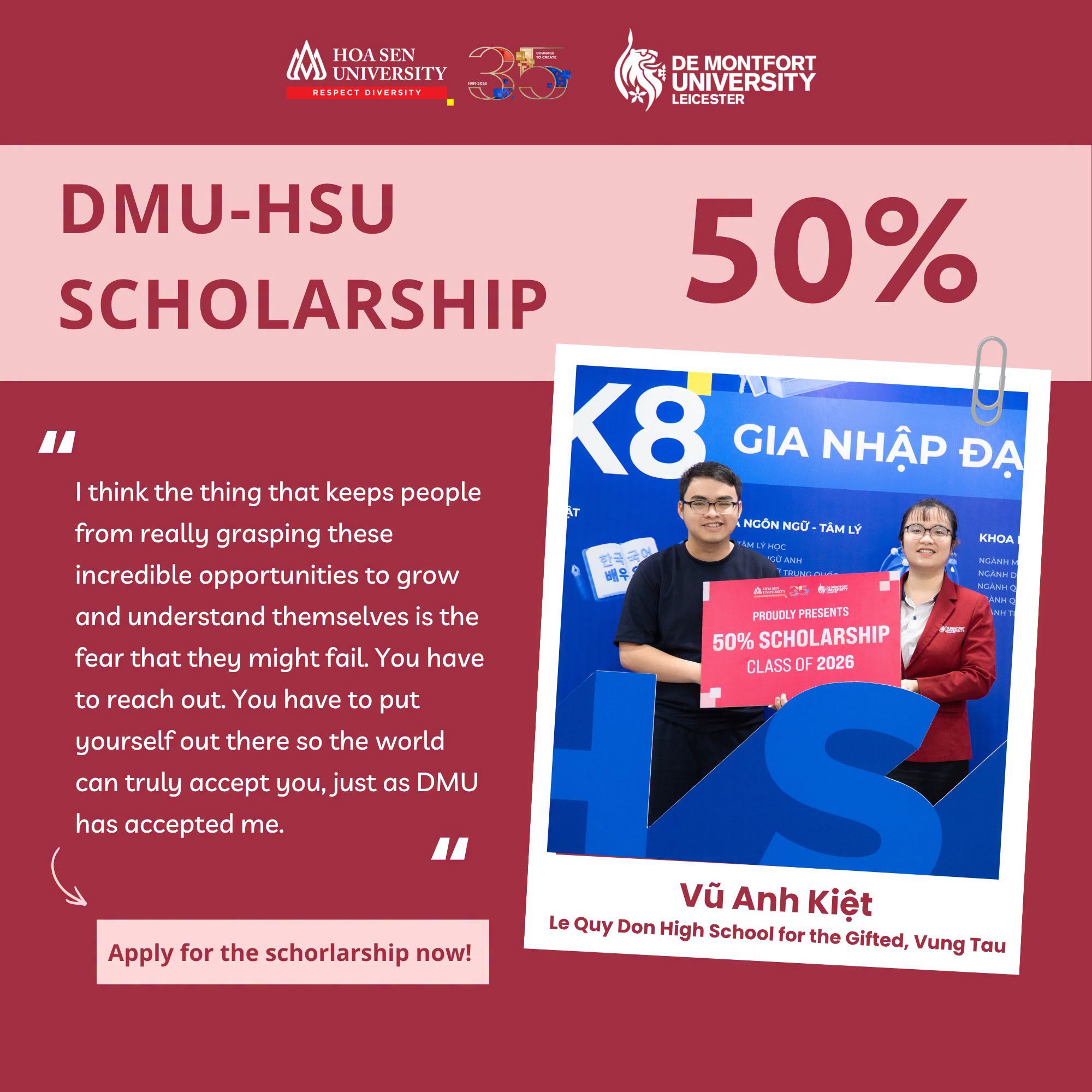 Học sinh đạt IELTS 8.5 nhận học bổng 50% chương trình Cử nhân Quốc tế DMU–HSU Việt Nam