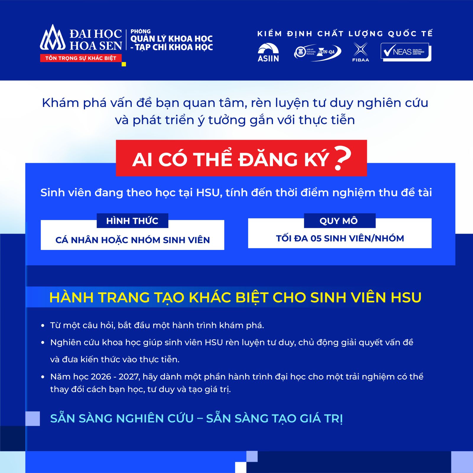 [Thông báo] Đăng ký đề tài Nghiên cứu khoa học sinh viên, năm học 2026-2027